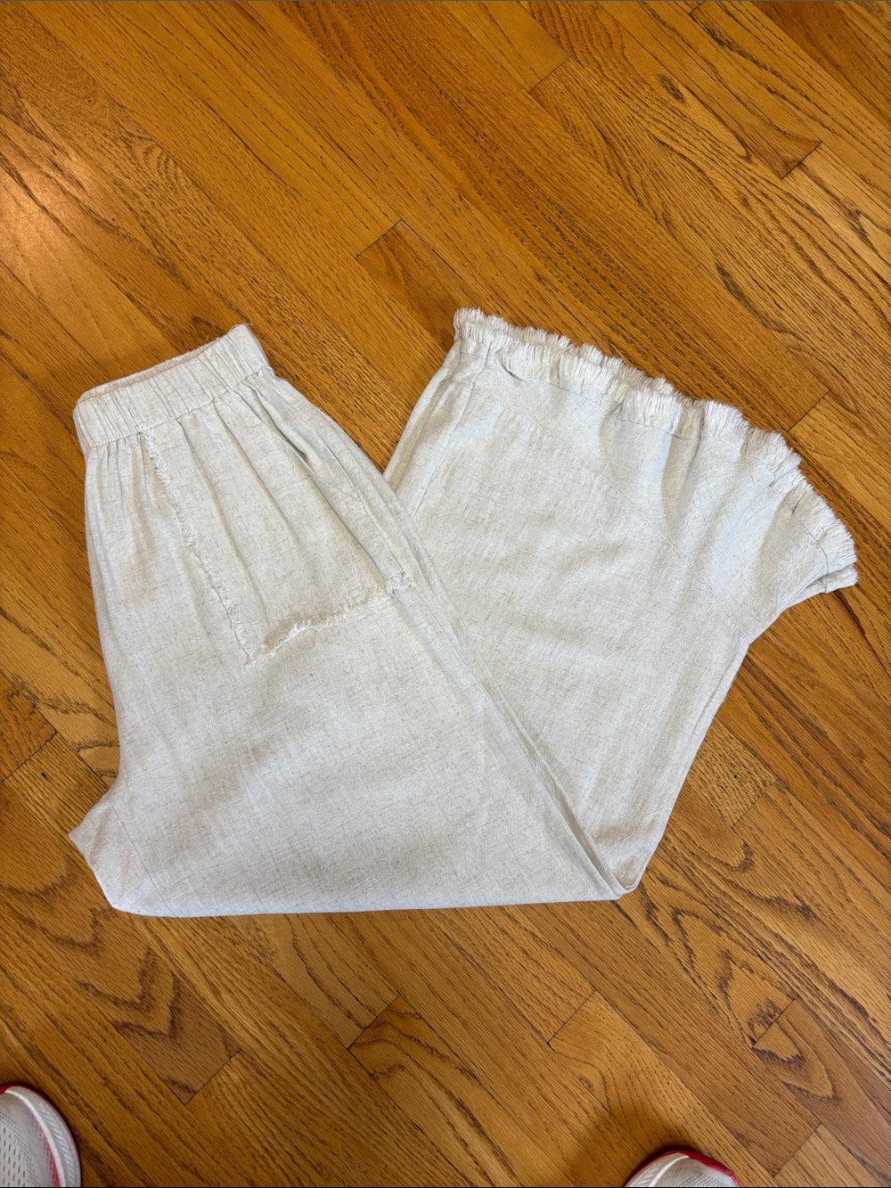 -Umgee USA Wide Leg Cropped Linen Blend Pants Cream Fringe Hem Boho Size Small - Picture 7 of 9